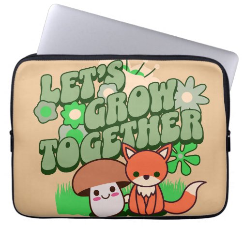 Green background mushroom and cat together laptop sleeve