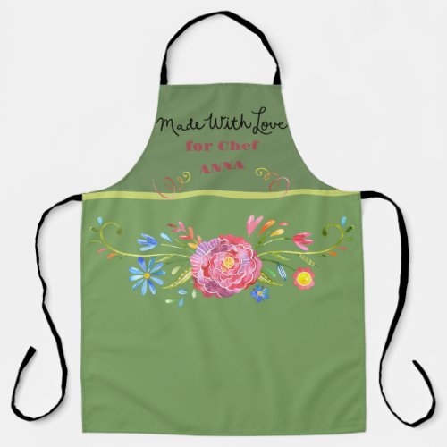 Green Background Pink Blue Flowers Apron