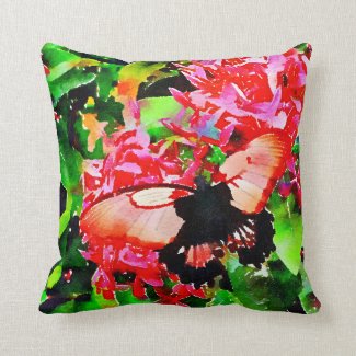 Green background, pink flowers pinkbutterfly throw pillow