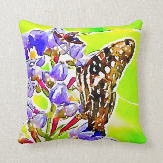 Green background, purple flowers butterfly throw pillow