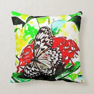 Green background, red flowers butterfly throw pillow