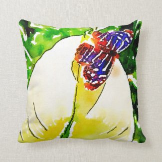 Green background, white flowers butterfly throw pillow