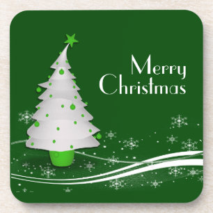 Green Background & White Tree Christmas Coaster