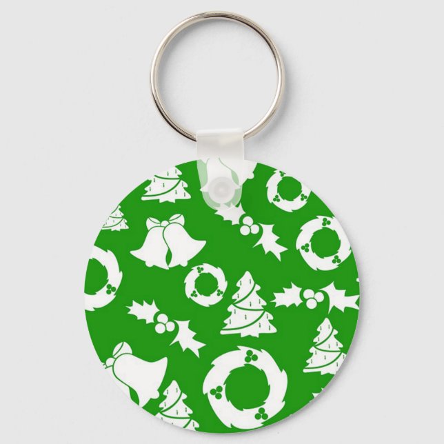 Green Background with Bells, Mistletoe and Tree Keychain (Front)