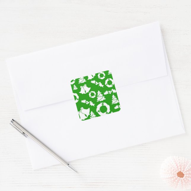 Green Background with Bells, Mistletoe and Tree  Square Sticker (Envelope)
