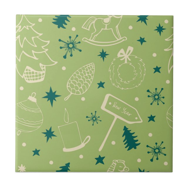 Green Background With Christmas Trees, Signs, Star Ceramic Tile (Front)