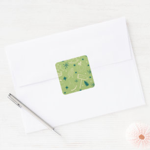 Green Background With Christmas Trees, Signs, Star Square Sticker