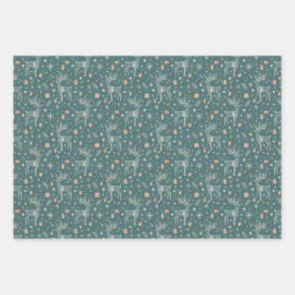 Green background with deer, gift packaging wrapping paper sheets