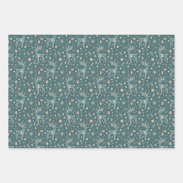 Green background with deer, gift packaging wrapping paper sheets (Front)