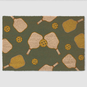 Green Background With Pickleball Paddle Welcome Fiber Doormat