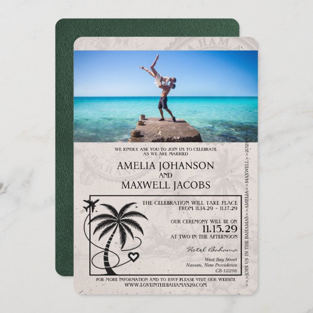 Green Bahamas Passport Wedding Invitation (Front/Back)