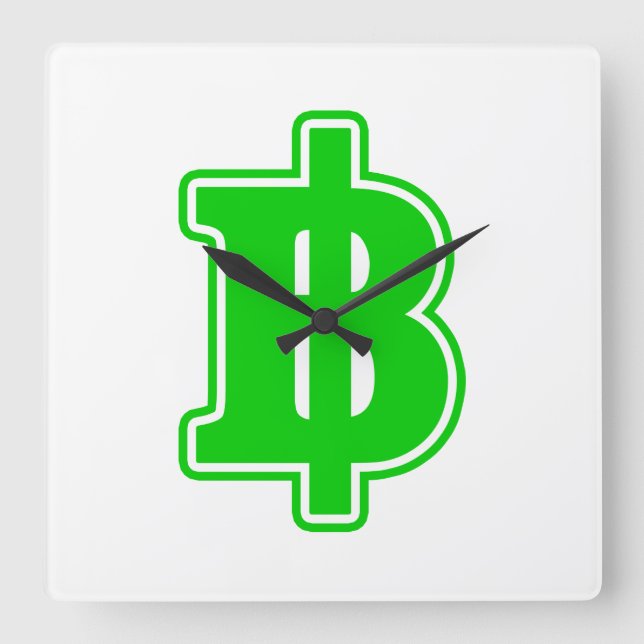 GREEN BAHT SIGN ฿ Thai Money Currency ฿ Square Wall Clock (Front)