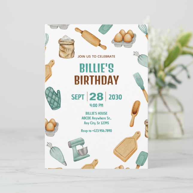 Green baker baking tools pattern birthday invitation (Standing Front)