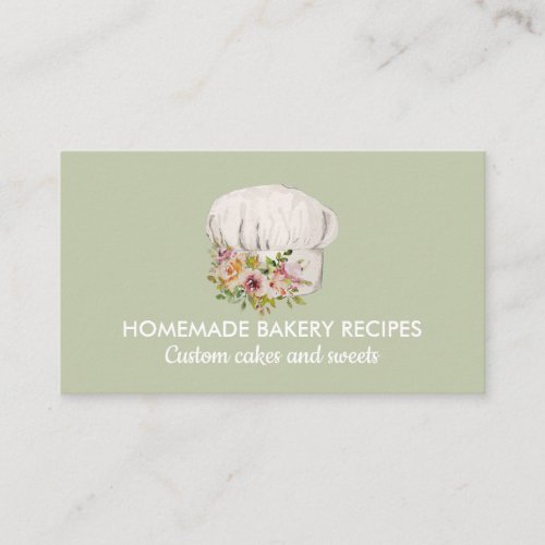 Green Bakery chef watercolor floral pastry Business Card