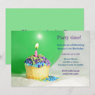 Green Balloon blue cupcake Birthday Invitation  