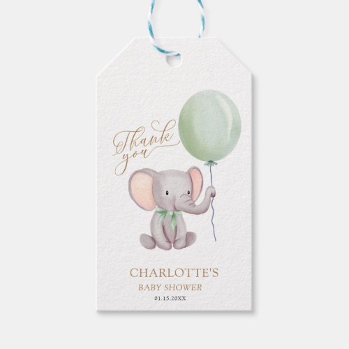 Green Balloon Elephant Baby Shower Thank You Favor Gift Tags