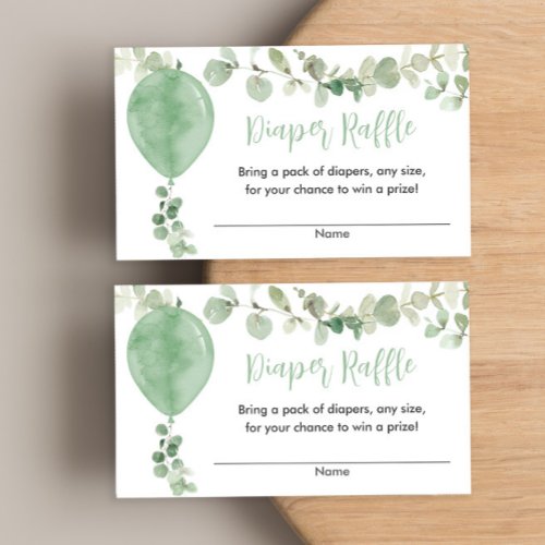 Green balloon eucalyptus baby shower diaper raffle enclosure card