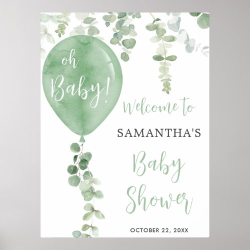 Green balloon eucalyptus baby shower welcome sign
