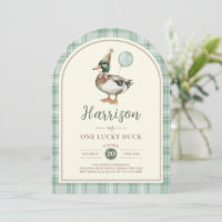 Green Balloon One Lucky Duck Gingham 1st Birthday