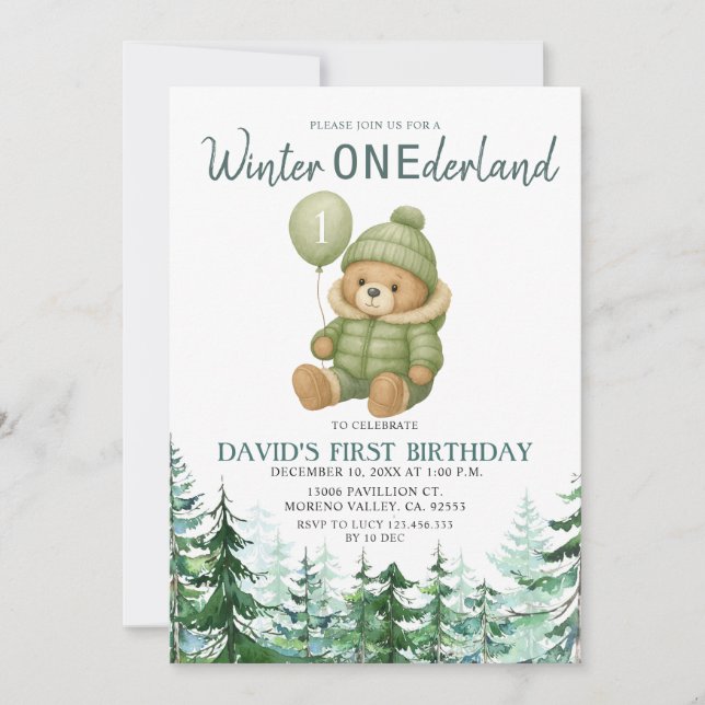 Green Balloon Winter ONEderland Birthday Party Invitation (Front)