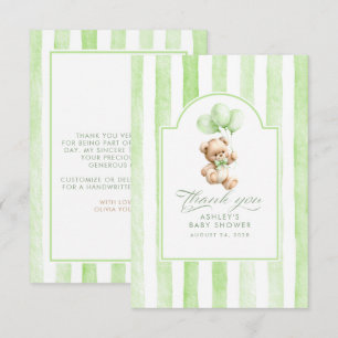 Green Balloons and Teddy Bear Baby Shower Thank You Card