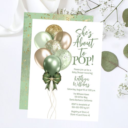 Green Balloons Shes About to Pop Baby Shower Invitation