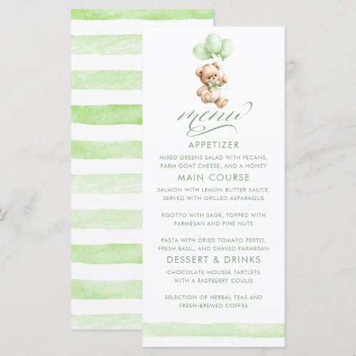Green Balloons Teddy Bear Boy Baby Shower  Menu
