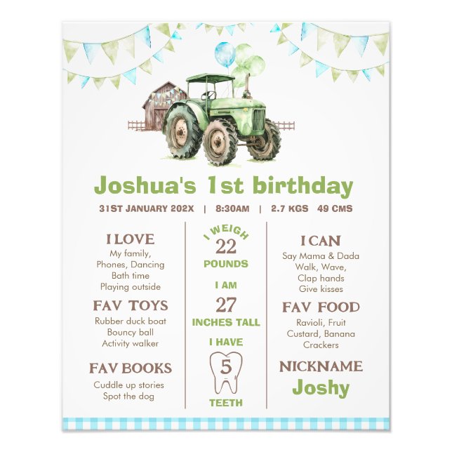 Green Balloons Tractor Birthday Milestone Poster (Front)