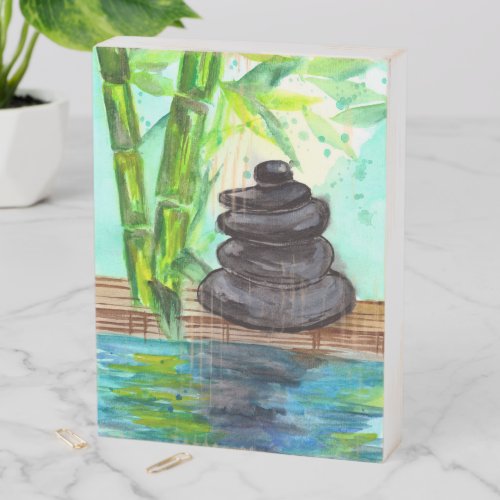 Green Bamboo and Black Stones Relaxation Wooden Box Sign