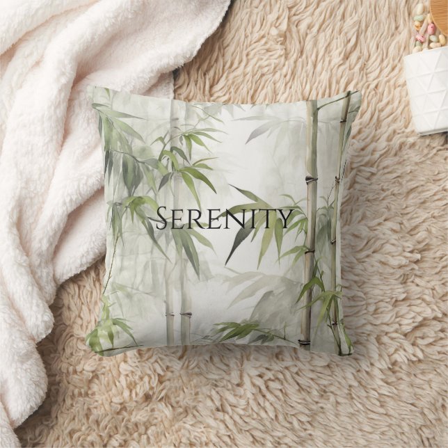 Green Bamboo Flowers Serenity Throw Pillow (Blanket)