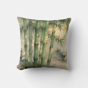 Green Bamboo Forest Chinese Ink Throw Pillow