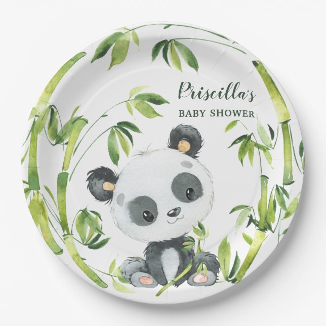 Green Bamboo Panda Gender Neutral Baby Shower Paper Plates (Front)