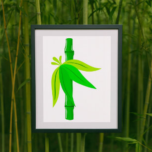 Green Bamboo Stalk with Tropical Leaves Poster