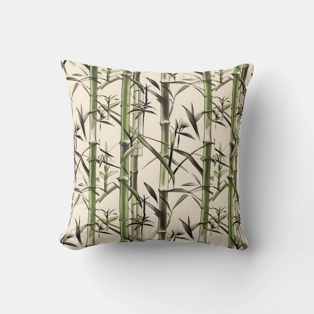 Green Bamboo Stalks and Leaves Throw Pillow (Front)