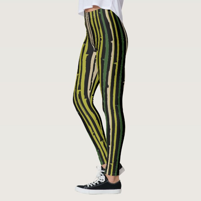 Green Bamboo Stripes on Black  Leggings (Left)