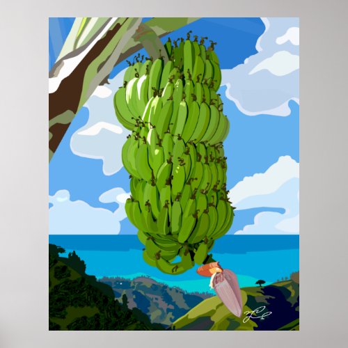 Green Bananas Blue Mountain Sea Poster