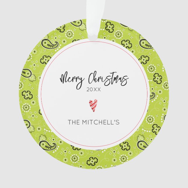 Green Bandana Pattern NAME Annual Christmas Ornament (Front)