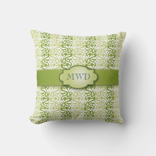 Green Banded Pattern Monogram Throw Pillow (Front)