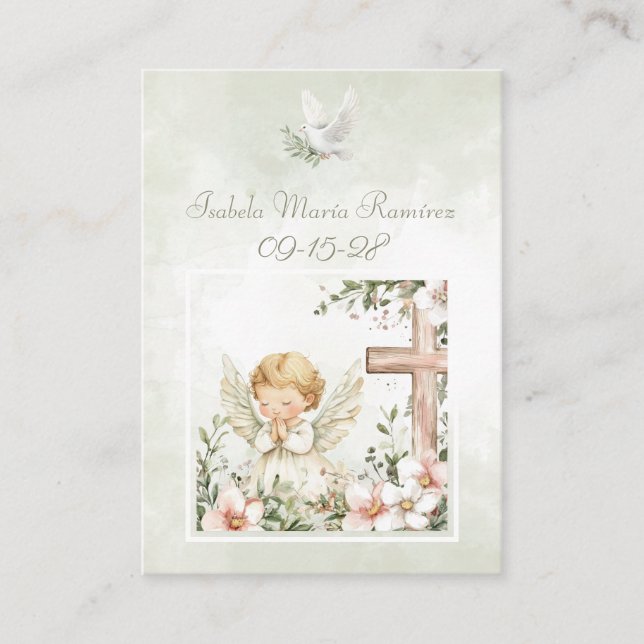 Green baptism praying child cross remembrance card (Front)