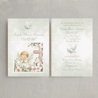 Green baptism praying child cross remembrance card