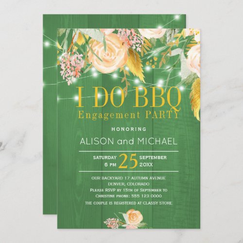 Green barn wood rustic engagement i do bbq party invitation