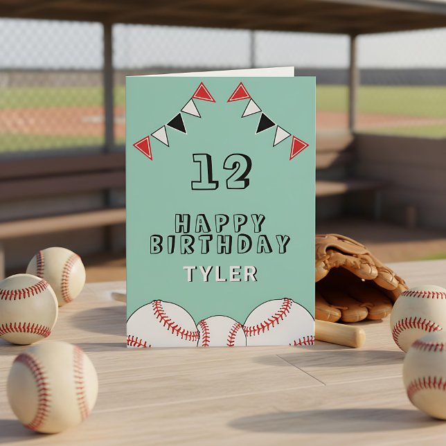 Green Baseball Ball Flags Sports Kids Birthday Card (Creator Uploaded)