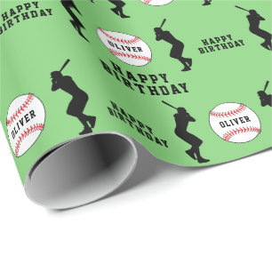 Green Baseball Ball Player Kids Name Birthday Wrapping Paper