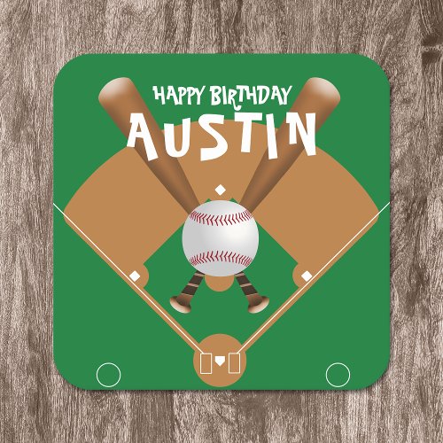 Green Baseball Field Happy Birthday  Square Paper Coaster
