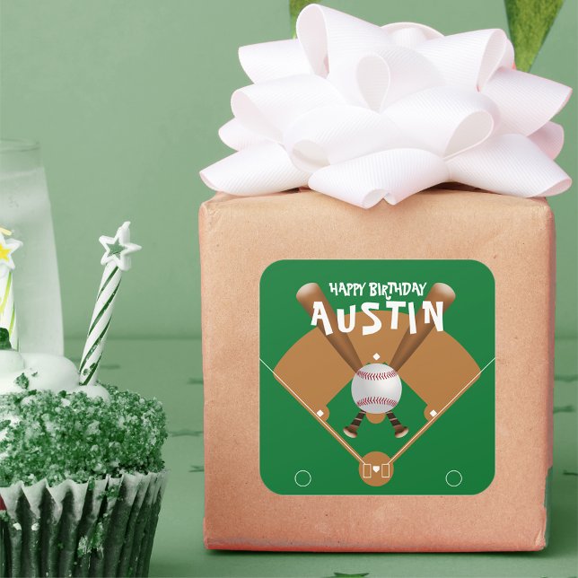 Green Baseball Field Happy Birthday Square Sticker (Creator Uploaded)
