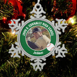 Green Baseball Player Photo High School Snowflake Pewter Christmas Ornament<br><div class="desc">This cool customized high school baseball player photo gift features white typography of your team and player name on a green Christmas ornament with a ball. Personalize with your student's photograph and class year as a proud sports parent for a great commemorative keepsake.</div>