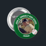 Green Baseball Player Photo High School Spirit Button<br><div class="desc">This cool customized high school baseball player photo gift features white typography of your team and player name on a green button with a ball. Personalize with your student's photograph and class year as a proud sports parent. A mom and dad can wear these buttons to sports games.</div>