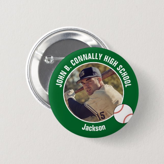Green Baseball Player Photo High School Spirit Button (Front & Back)
