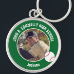 Green Baseball Player Photo High School Spirit Keychain<br><div class="desc">This cool customized high school baseball player photo gift features white typography of your team and player name on a green keychain with a ball. Personalize with your student's photograph and class year as a proud sports parent for a great commemorative keepsake.</div>