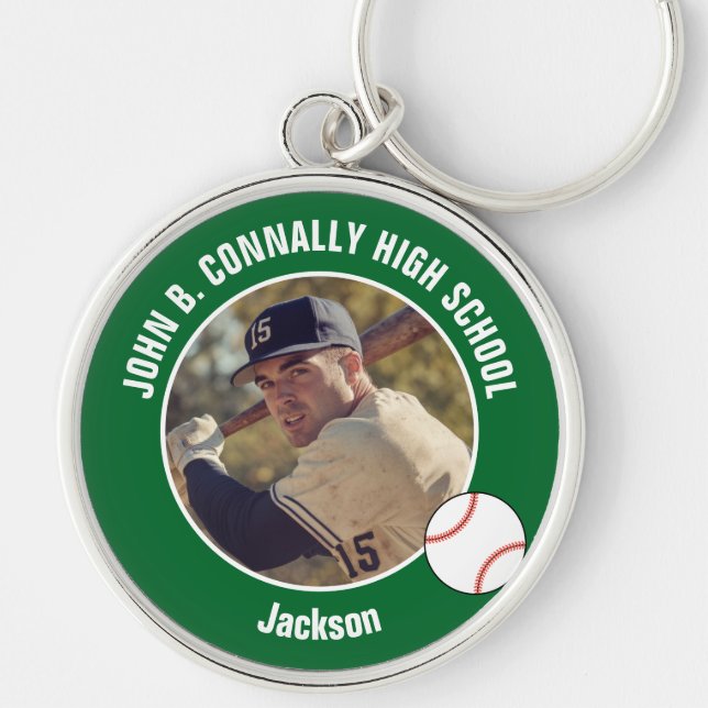 Green Baseball Player Photo High School Spirit Keychain (Front)